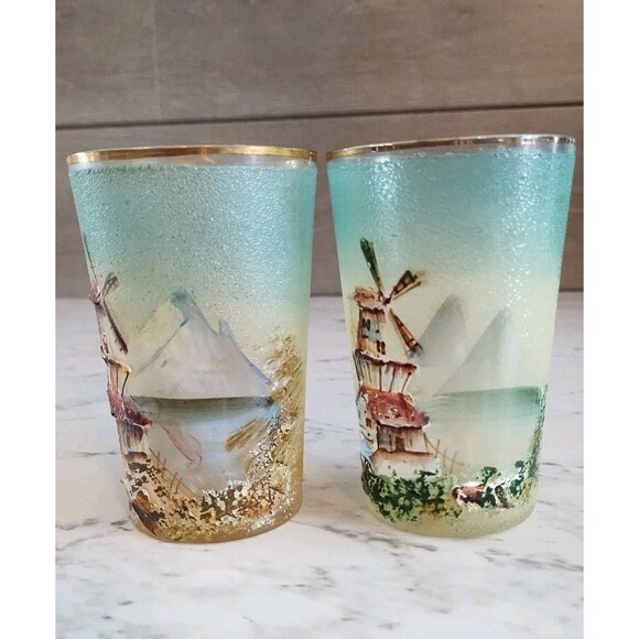 Vintage Juice Glasses Hand Painted Windmill In Seasons Gold Trim Textured Dutch - Picture 4 of 6